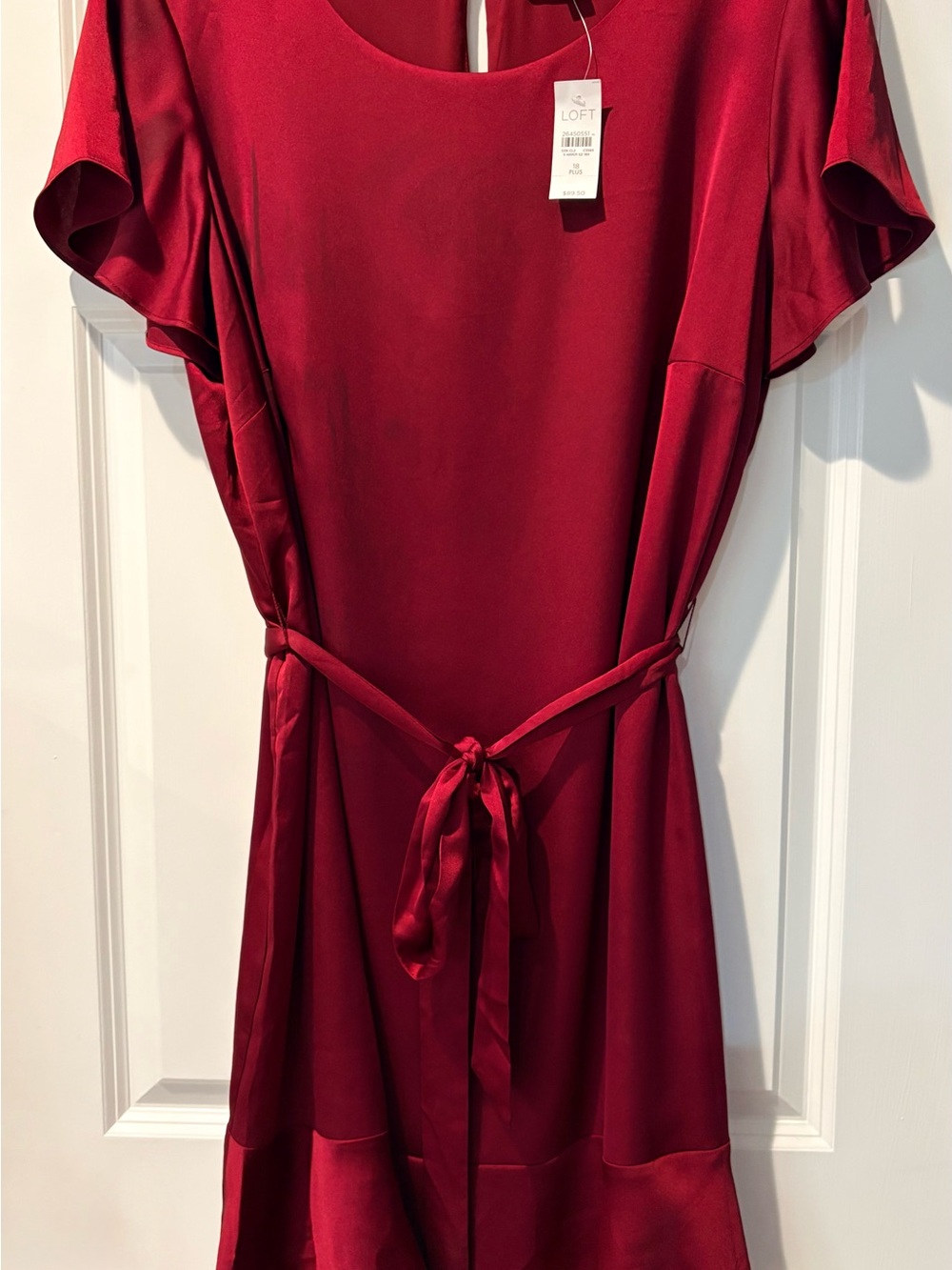 LOFT Wine Red Tie-Waist Flutter Sleeve Dress
